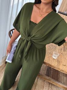 Weeklong Plus Size Women Spring/Summer Casual Vacation Tie-Front Cardigan And Jumpsuit Set - Army Green - View 4