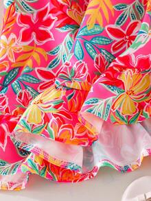 SHEIN Elladie kids Đầm dệt kim họa tiết hoa dâm bụt in kỹ thuật số cho bé gái, có bèo nhún ở gấu và dây đeo vai, thích hợp mặc hàng ngày vào mùa hè, đi chơi, du lịch, nghỉ mát và các buổi tụ họp. - Đỏ - Xem 6