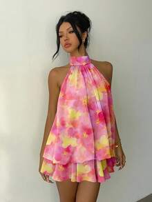 Aloruh Women's Elegant Pink Tie Dye Floral Print Backless Tie Strap Mini Dress,Boho Summer Holiday Vacation Holiday Pink Floral Beach Sundress - Pink - View 6