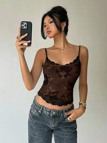 Aloruh 女士性感Y2K复古花卉印花蕾丝拼接吊带背心，适合外出、海滩度假，时尚、浪漫、优雅 - 白色 - 查看 7