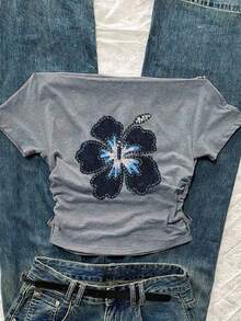 Áo thun tay ngắn dáng suông, nhún eo, trễ vai, ôm sát, thoải mái cho bé gái tuổi teen, thích hợp mặc mùa hè. - Xám - Xem 3