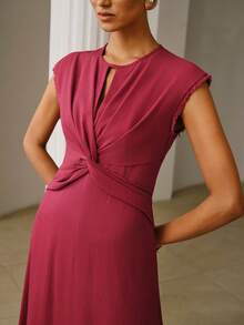 ZEYLAH Đầm nữ tay ngắn thắt nút kiểu chữ X - Đỏ - Xem 8