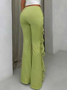 SHEIN Glamour Women's Elegant Chic Lime Green Slim-Fit Lace Patchwork Ruched Long Pants, Suitable For Summer Vacation Party - Green - View 2