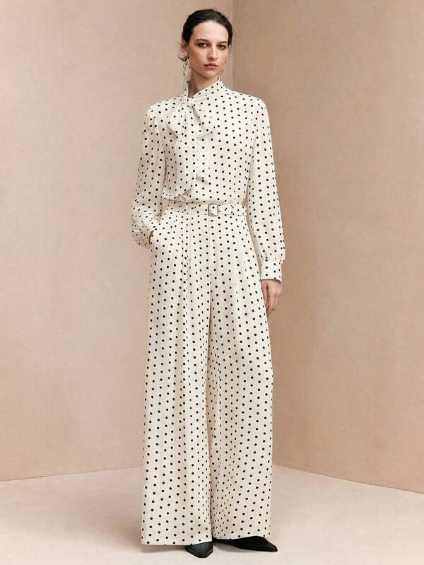 Arave Women's Pearl Chiffon Straight Leg Trouser Suit With Straight Shoulders, Fitted Waist, Stand Collar, Ribbon, And Puff Sleeves - Elegant Date Suit New Year Clothes New Year Outfit Polka Dot Outfit Valentine's Day New Year Polka Dot Wedding