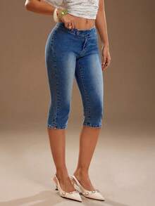 TRNVIE Quần jeans nữ dáng ôm, cạp cài nút, dài đến khuỷu tay. - Rửa tối - Xem 5