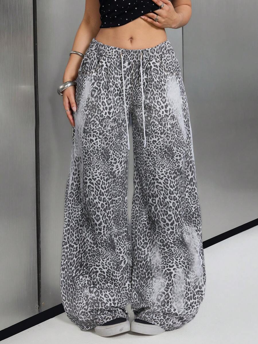 SHEIN 女士休闲轻薄豹纹直筒阔腿牛仔裤，春夏百搭 - 彩色 - 查看 1