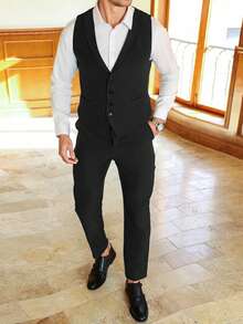 Manfinity Mode Men's Single-Breasted Casual Sleeveless Suit Vest And Suit Pants Set - Black - View 6