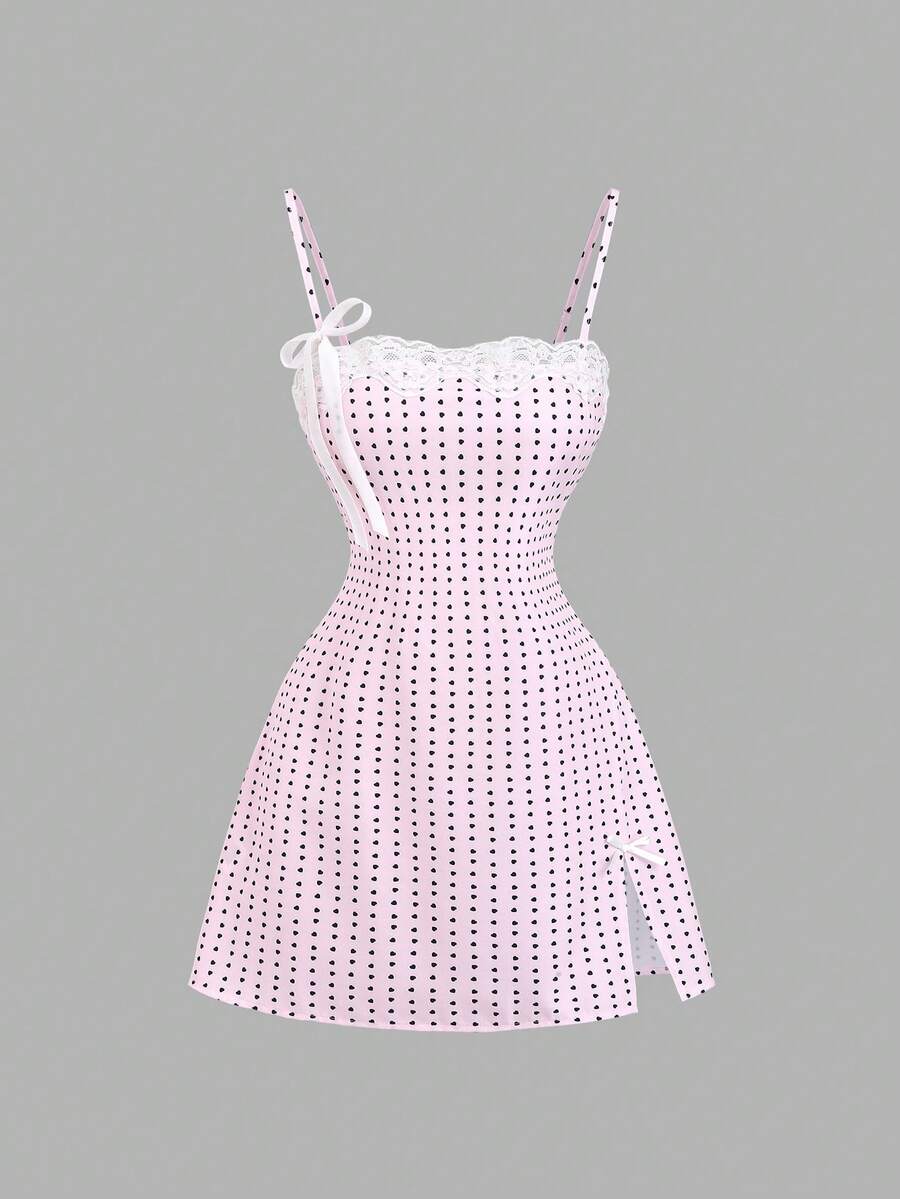 Sweetra 女士粉色波点撞色蕾丝蝴蝶结腰部开衩下摆性感浪漫度假风吊带连衣裙 - 粉色 - 查看 1