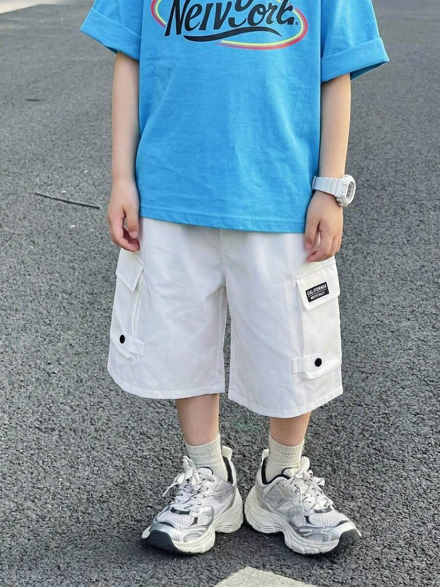 1pc Tween Boys' White Casual Loose Cargo Pocket Shorts,Fashionable Chic Comfortable Hiking Shorts For Summer,School,Sports,Daily Wear&Outings