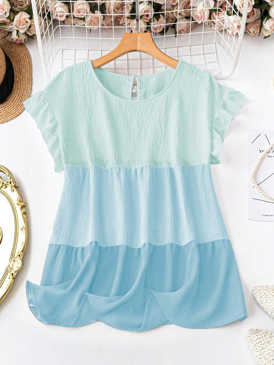 SHEIN LUNE Plus Size Summer Casual Contrast Color Keyhole Neck Ruffle Trim Blouse - Blue - View 1