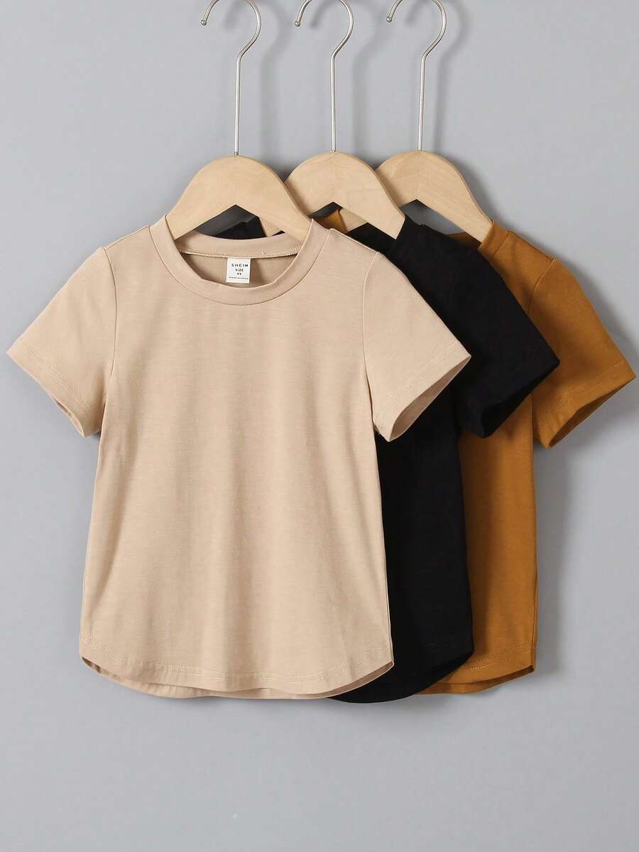 SHEIN 3/5/10 pièces Ensemble de t-shirts col rond colorés pour filles, extensible et doux à séchage rapide, combinaison de couleurs à la mode, confortable, casual, pour le port quotidien, printemps été - Multicolore - Voir 1