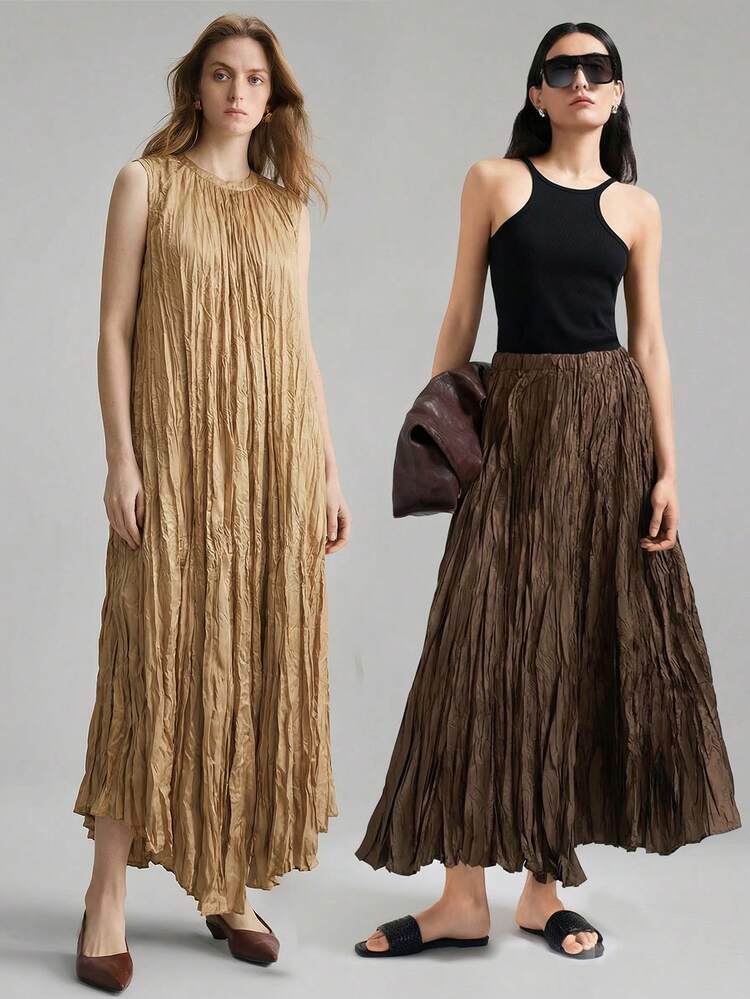 Khaki Women's Long Dress,Autumn Elegant Tea Party A-Line Sleeveless With Waist Tie,Pleated Fabric Casual Urban Office Wear,Bohemian Beach Resort Style