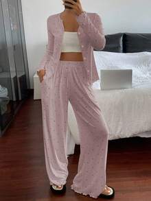 DAZY 2pcs Women's Polka Dot Print Cardigan Long Sleeve Top And Loose Straight Leg Long Pants Pajama Set, Spring - Pink - View 4