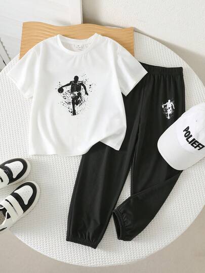 SHEIN 男童夏季运动休闲人像图案圆领短袖T恤和裤子套装