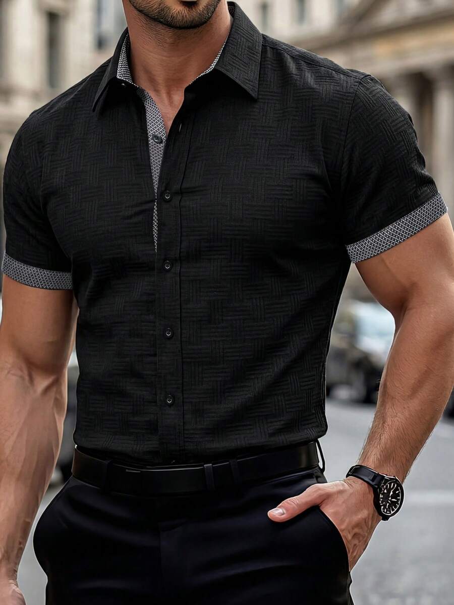 Manfinity Mode Men's Contrast Trim Button Front Short Sleeve Patchwork Shirt, Summer, Formal - Black - View 1