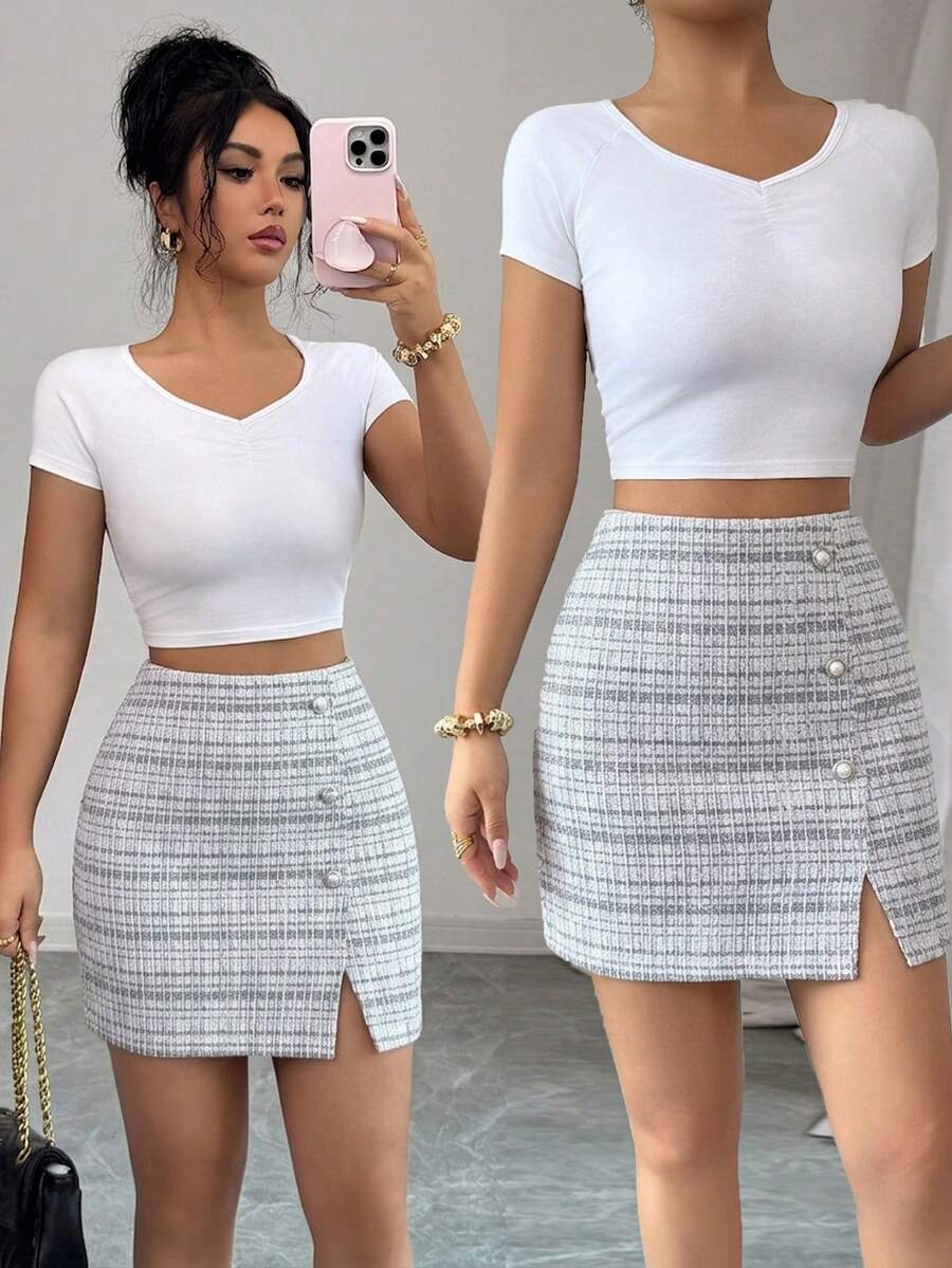 Elenzga Váy ngắn nữ thanh lịch màu đen trắng, chất liệu vải tweed, đính ngọc trai, cài cúc phía trước, xẻ tà, thích hợp cho các buổi tụ họp thường ngày, mua sắm, du lịch mùa xuân & hè. - Đen và trắng - Xem 1