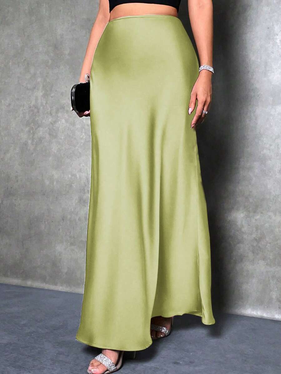 SHEIN Tall Falda de sirena de unicolor para mujer, falda de satén, falda larga elegante, adecuada para fiestas, uso diario, falda negra - Verde Oliva - Ver 1