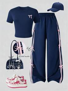 SHEIN 2pcs/Set Teenage Short Sleeve & Long Pants Set, Bow Tie Ribbon Decor, Pink, Suitable For Spring/Summer, Sports & Casual Wear - Navy Blue - View 4