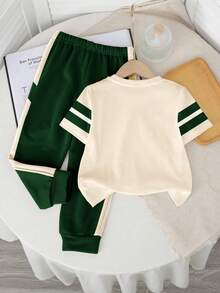 SHEIN Bộ đồ thể thao dáng rộng thoải mái, cổ tròn, tay ngắn và quần dài cho bé trai, kiểu dáng thể thao, thu đông mới. - Nhiều màu - Xem 3