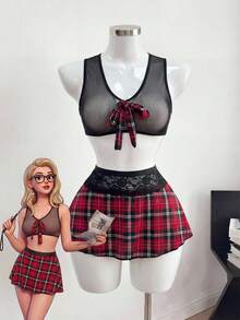Spicy Aura 3件套女士蕾丝拼接格子布料蝴蝶结服装套装 - 彩色 - 查看 6