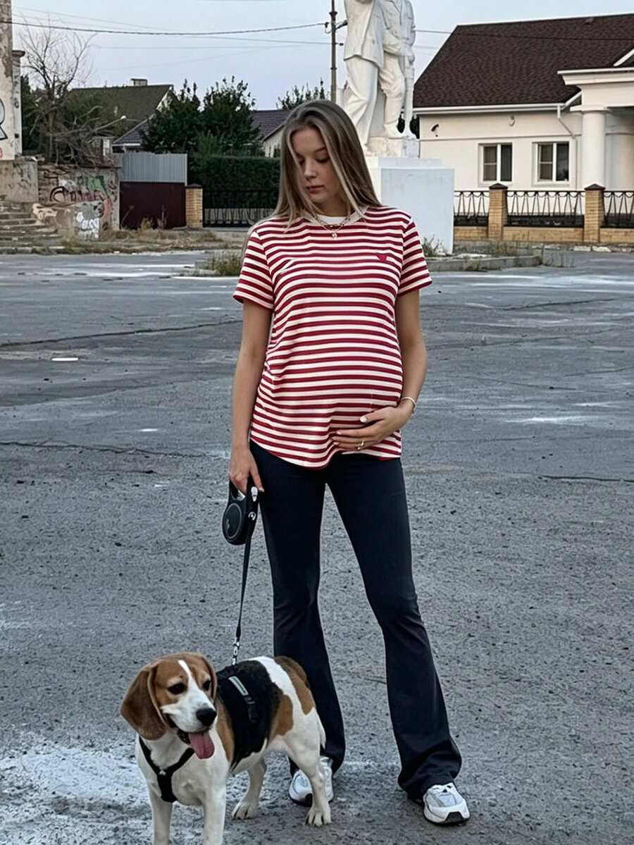 SHEIN Maternity Striped Round Neck Short Sleeve T-Shirt For Summer - Red - View 1