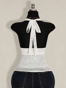 SHEIN ICON Y2k 女士黑色性感哥特风露背俱乐部演唱会蕾丝吊带深V领收腰A字露背吊带衫，夏季 - 白色 - 查看 2