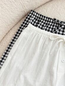SHEIN 兒童 2件組青少年女孩亞麻條紋與白色休閒短褲，附蝴蝶結，夏季返校運動服飾，度假夏季短褲 - 彩色 - 查看 8