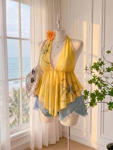 SHEIN EZwear 大码女式夏季度假印花性感深V领露背上衣 - 鵝黃色 - 查看 6