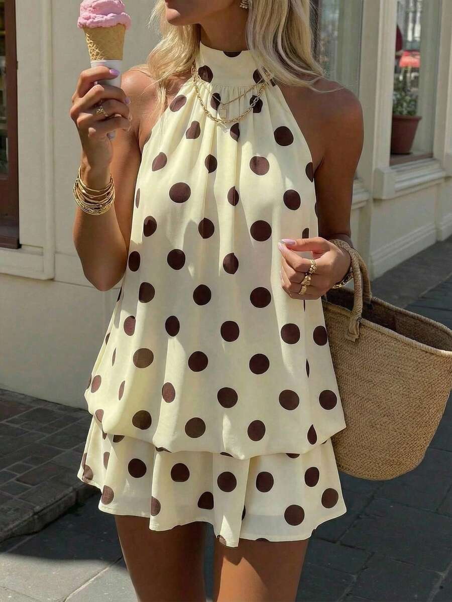 SHEIN EZwear 休闲简约夏季多巴胺奶油黄波点印花图案女士迷你吊带连衣裙，适合夏季、度假、波点印花连衣裙、波点、圆形圆点、杜卡迪圆点、夏季连衣裙，适合日常通勤、约会、派对、秋冬夏季、圣诞节、新年、感恩节、派对、婚礼、海滩、毕业典礼、时尚、优雅、休闲、外出、约会、预订、通勤、闪亮、情人节、优雅、度假、休闲、Y2K、外出、毕业典礼等场合。 - 彩色 - 查看 1