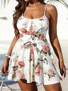 SHEIN Unity Plus Size Women's Elegant Heart Print Camisole Backless Tie Waist Butterfly A-Line Midi Skirt, Suitable For Beach, Party, Music Festival, Spring/Summer, Versatile Two Pieces Set - Multicolor - View 7