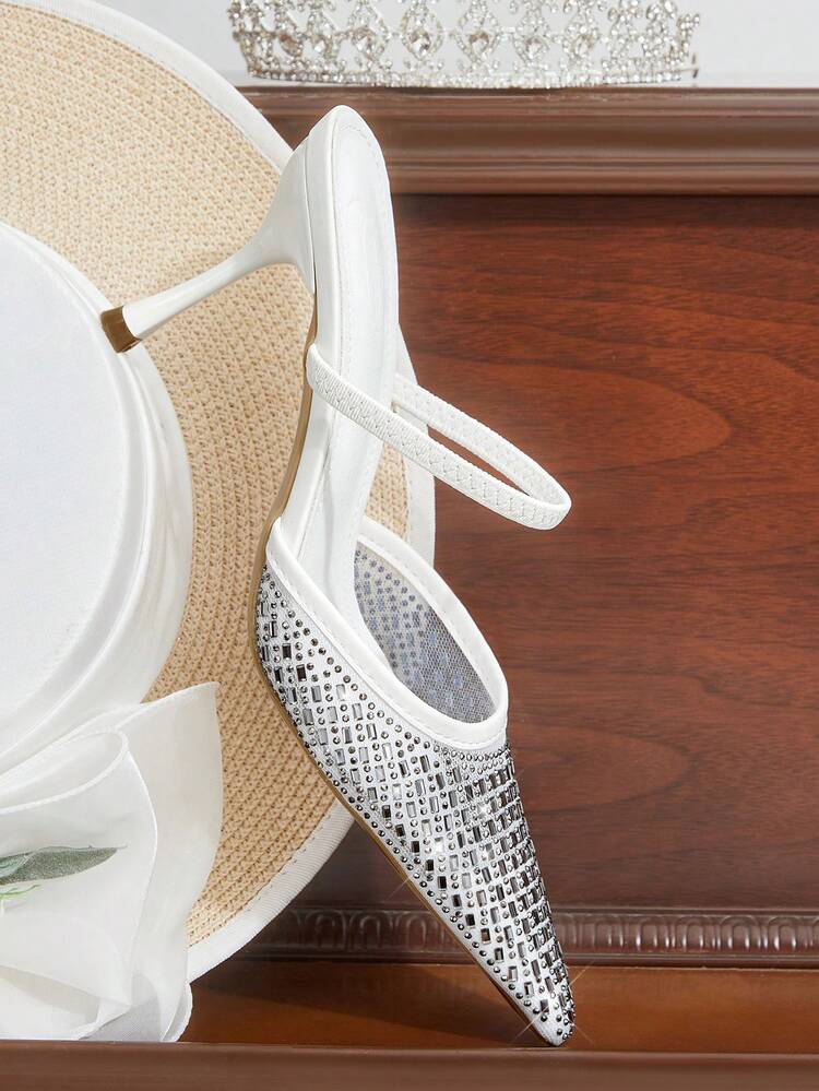 CUCCOO HITCHD Women Shoes Spring And Summer New Mesh Rhinestone Decoration Small Square Toe With High Heels Wedding Season Romantic Elegance White Dress Shoes Valentine's Day Wear High Heels Sandals