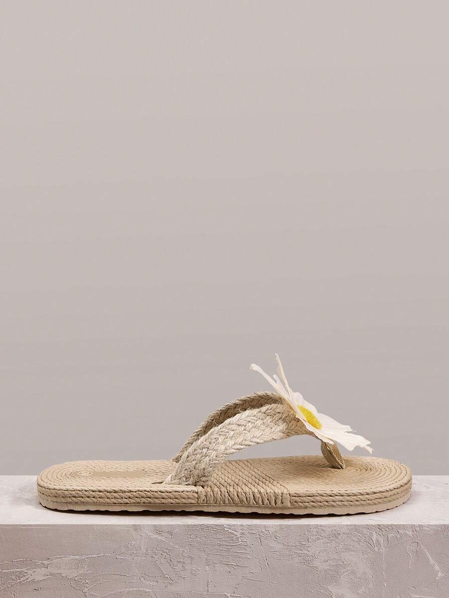 Styleloop Women's Flat Sandals, Summer Open-Toed Hemp Rope Woven Sandals, Rhinestone Shiny Bohemian Vacation Shoes, Roman Beach Sandals, Slippers Outside, Vacation Atmosphere, Summer Wear, Travel Essentials Summer Shoes - Khaki + White Sunflower - View 1