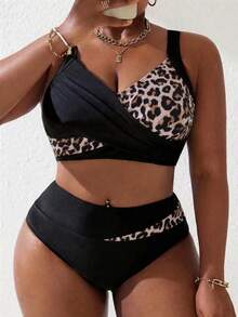 Slaydiva Plus Size Women 2pcs Black & Pink Splice Ruched Tankini Swimsuit Set, Summer Beach Holiday - Multicolor - View 1