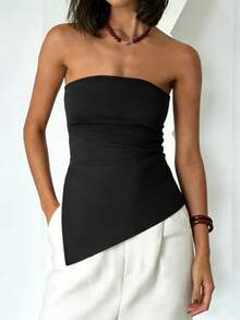 EMERY ROSE Women's Elegant Solid Color Asymmetric Hem Tube Top, Summer - Black - View 3