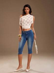TRNVIE Quần jeans nữ dáng ôm, cạp cài nút, dài đến khuỷu tay. - Rửa tối - Xem 8