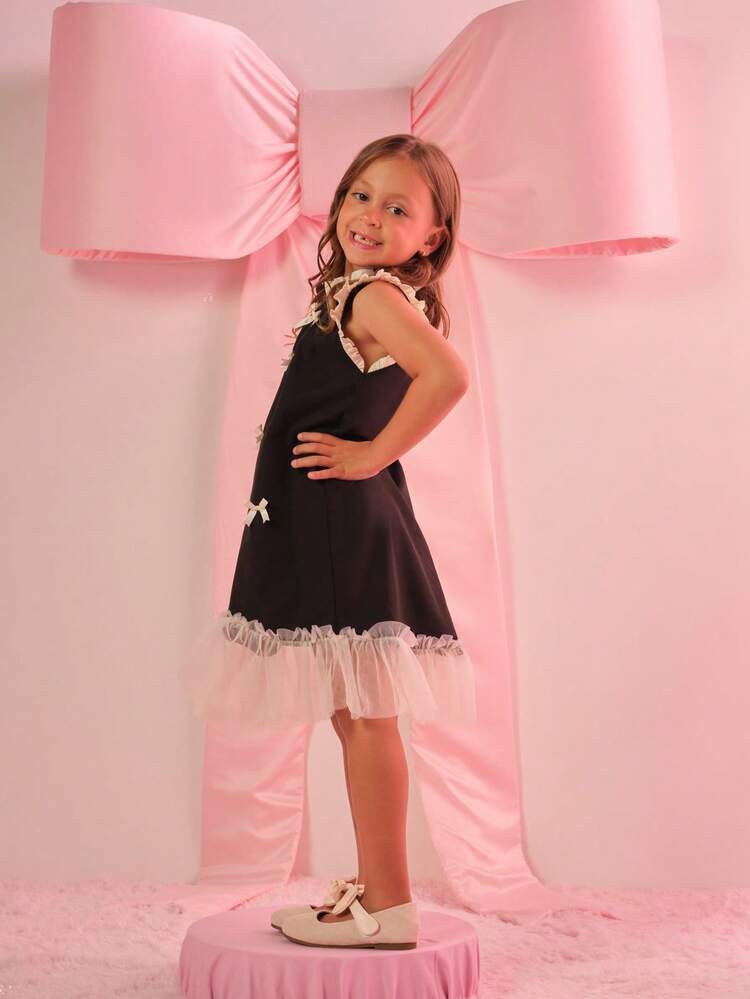 Genkimix Kids Vestido Casual de Verão para Menina com Recortes em Tela e Laço Decorativo - Preto - Visão 1