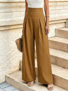 Pariaura 优雅通勤高腰阔腿裤 - 前褶后松紧腰垂褶设计，拉长腿部线条，春夏百搭长裤；简约百搭高腰阔腿裤 - 垂褶设计，松紧腰，春夏日常休闲长裤；时尚修身高腰阔腿裤 - 垂褶阔腿廓形，褶皱松紧腰，春夏时尚长裤 - 咖啡棕 - 查看 5