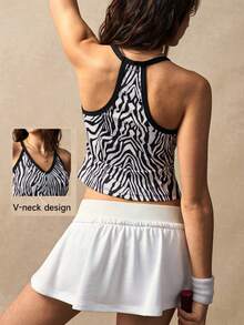 VARSIVA تي شيرت رياضي صيفي مريح بدون أكمام بنقشة جلد الحمار الوحشي ولباس علوي تانك - أبيض وأسود - مشاهدة 3