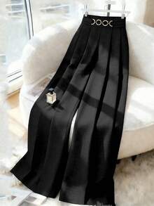 Elenzga New Women's High Waist Side Zipper Decor Button Design Wide Leg Pants, Elegant Casual Daily Wear, Spring/Autumn - Black - View 4