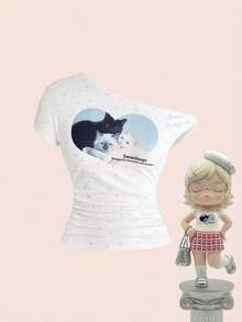 Kawaii Spring/Summer Vacation Cute Cat & Polka Dot Print Asymmetrical Shoulder Twist Sleeve T-Shirt, Suitable For Summer Beach, Graduation Ceremony, Music Festival, Concert, Date, Vacation And Other Occasions - White - View 1
