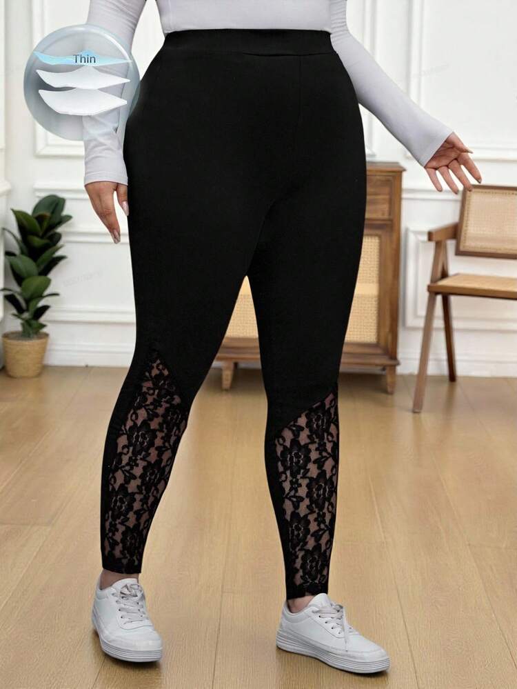 Plus Size Women's Spring Contrast Black Lace Leggings,Summer