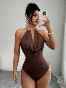 Rafferiza Women's Summer Coffee Brown Metal Collar Bodysuit, Chest Draped Pleats Fitted Jumpsuit,Seductive Chic Outfit For Party Night & Dates - Brown - View 6