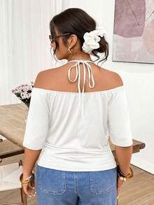 Lounesse Plus Size Women's Off-Shoulder Black T-Shirt With Beaded Tie Design - White - View 2