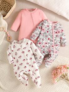 SHEIN Bộ áo liền quần dài tay kiểu dáng thường ngày cho bé sơ sinh - Hồng - Xem 2