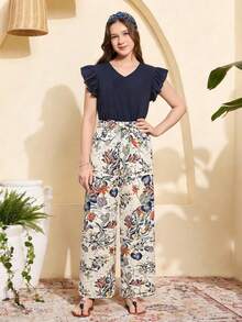 2pcs/Set Kemeja Lengan Pendek Kasual untuk Remaja Perempuan + Celana Motif Bunga, Cocok untuk Pantai & Santai - Royal Blue - View 8