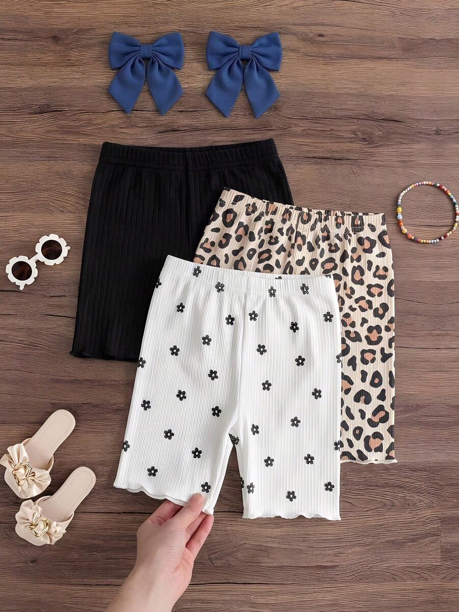 SHEIN Emery Rose Kids Quần legging mùa hè dáng rộng, in họa tiết toàn thân, cạp chun co giãn, chất liệu gân nổi, thích hợp cho bé gái. - Nhiều màu - Xem 1