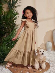 SHEIN Young Girl Sleeveless Solid Color Square Neck Dress - Apricot - View 5