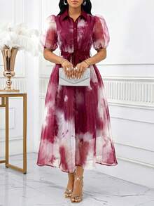 SHEIN Lady 女士扎染短花瓣袖优雅中长连衣裙 - 紅色 - 查看 8