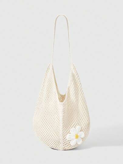 ROMWE Kawaii 镂空编织手提包，波西米亚风沙滩手提包，镂空手提包，大容量慵懒沙滩包，休闲购物沙滩包，大容量钩针花卉手提包，时尚手提包，户外旅行包，完美搭配钩针套装，度假必备，完美搭配沙滩配饰，最受女性欢迎的沙滩包，沙滩必备，沙滩用品和夏季必备，最新款度假包，女士波西米亚风穿搭