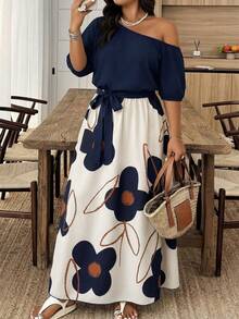 Weeklong Vestido casual de talla grande con estampado de flores en bloques de color y patchwork - Multicolor - Ver 1